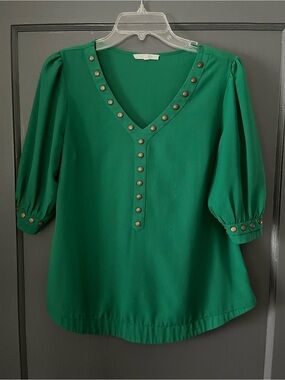 41 Hawthorn Emerald Green V-Neck Puff Sleeve Blouse with Stud Trim